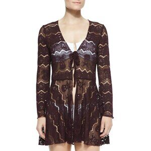 Letarte Skull Crossbones Front Tie Tunic Bordeaux Long Sleeve Cover Up